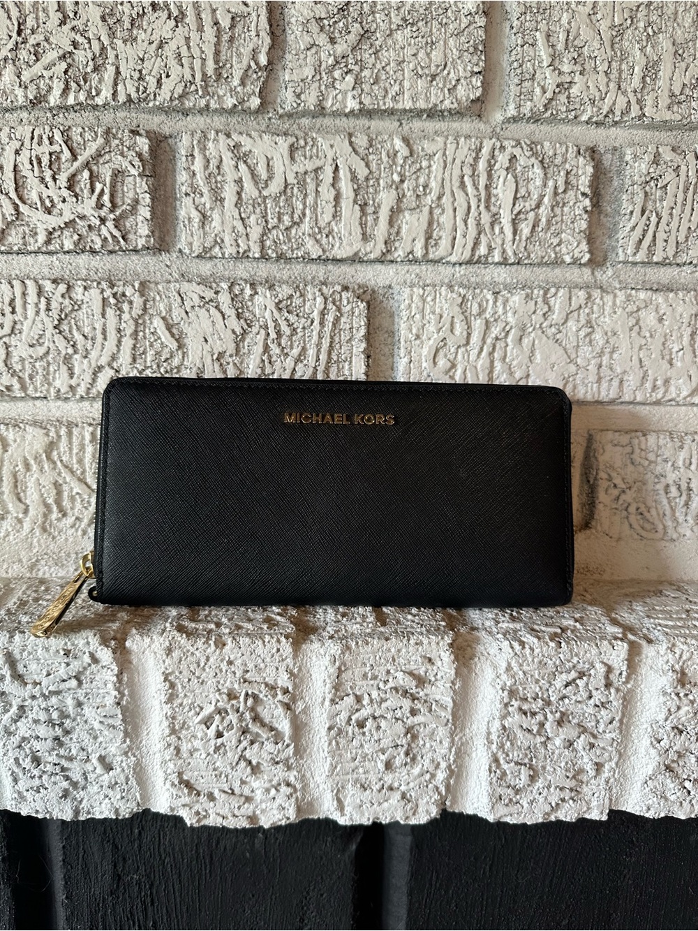 Michael Kors Black Saffiano Zip-Around Wallet with Gold Logo